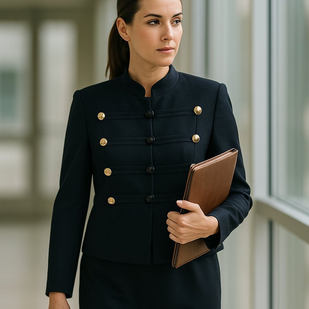 Constance Saunders Women Dress Suit Size 6 Navy Blue Gold Buttons Lined